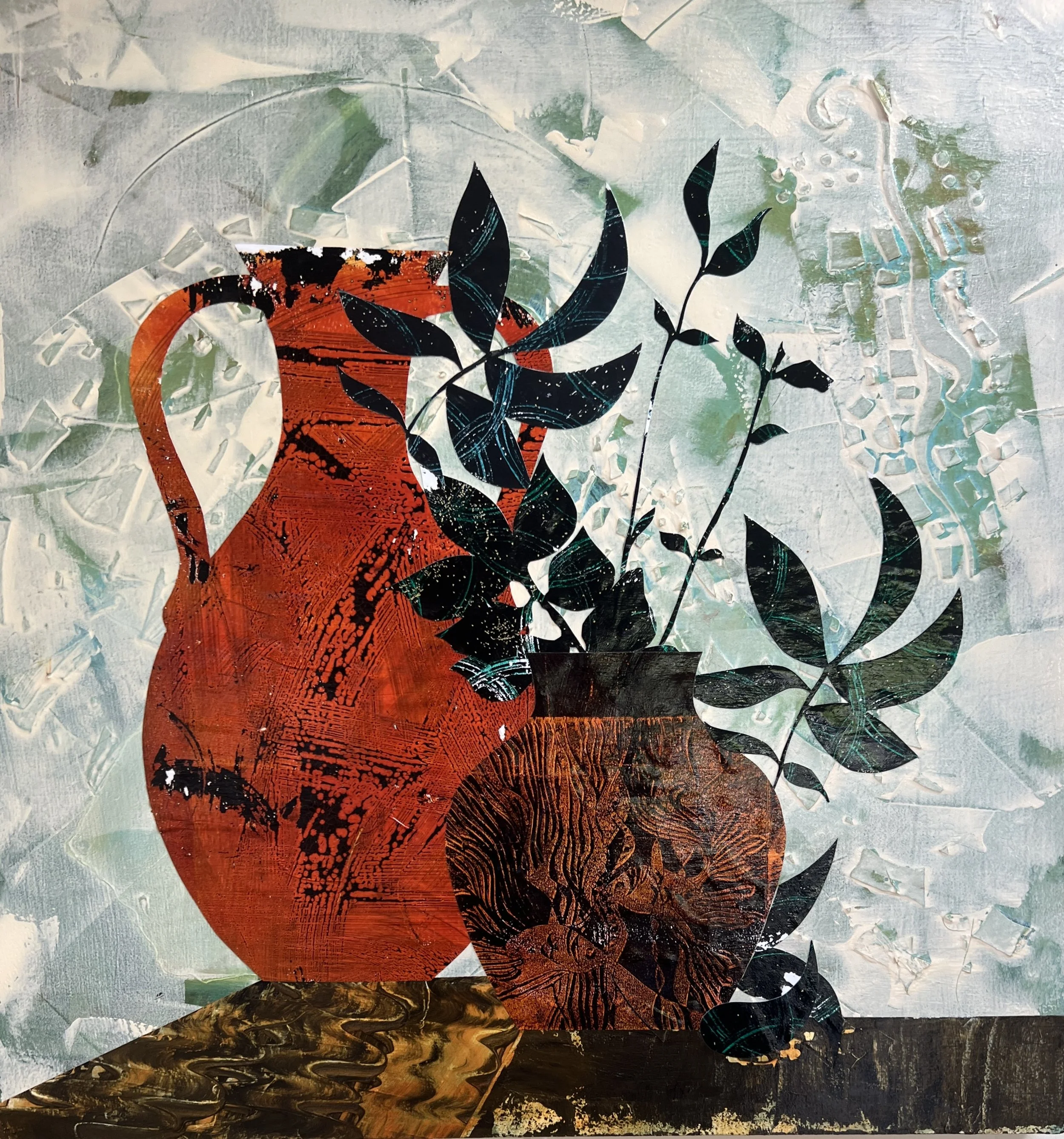 Abundance  Acrylics, texture pastes, stencils, hand printed papers, collage,  on cradled birch panel.
 Framed Size: 50cm x 50cm