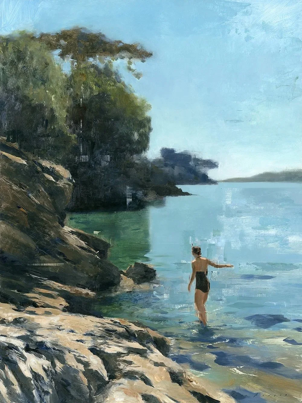  Morning Swimmer No.9  
 Fine art print on museum quality cotton paper.
 Each print is hand-signed and titled by the artist.
  Image Size: 37cm x 27.5cm &nbsp; Framed size Size: 55.5cm x 44 cm
 Large Print Image Size: 52cm x 38cm