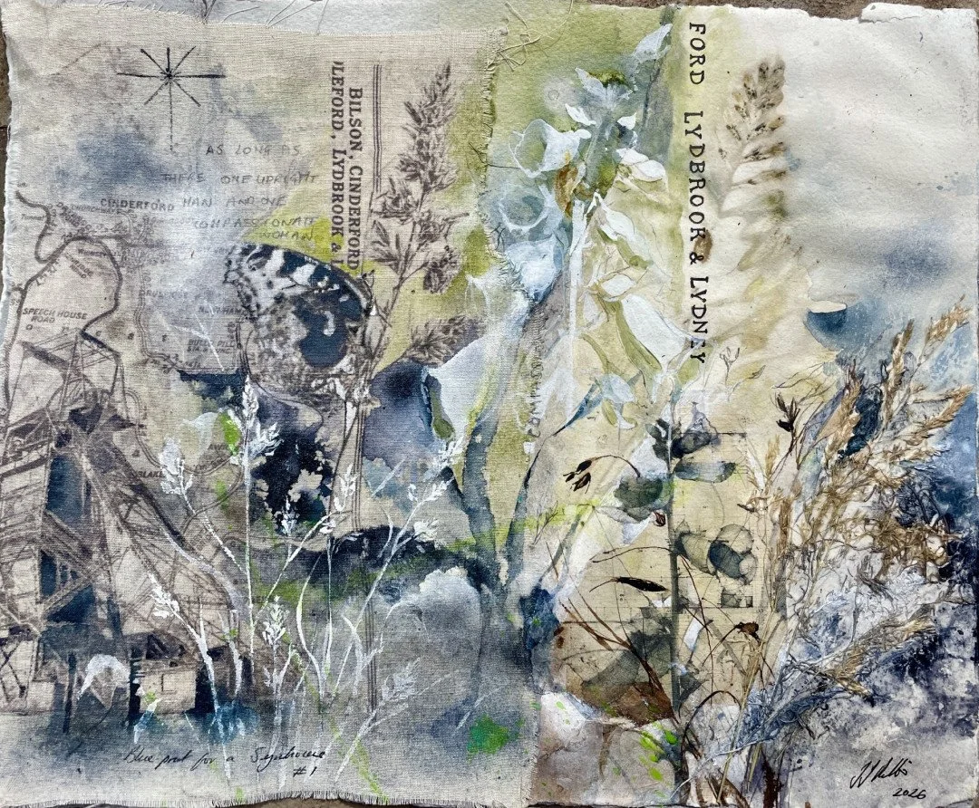   Blueprint for a Symbiocence #1
A weed is just a flower in the
wrong place.... 2026  
 £1,600
 Dr Jasmine Pradissitto
 Plant print: dried grasses, wax, watercolour, fabric, ink, tissue paper on Arches Paper
 Framed Size: 42cm x 52cm x 3cm