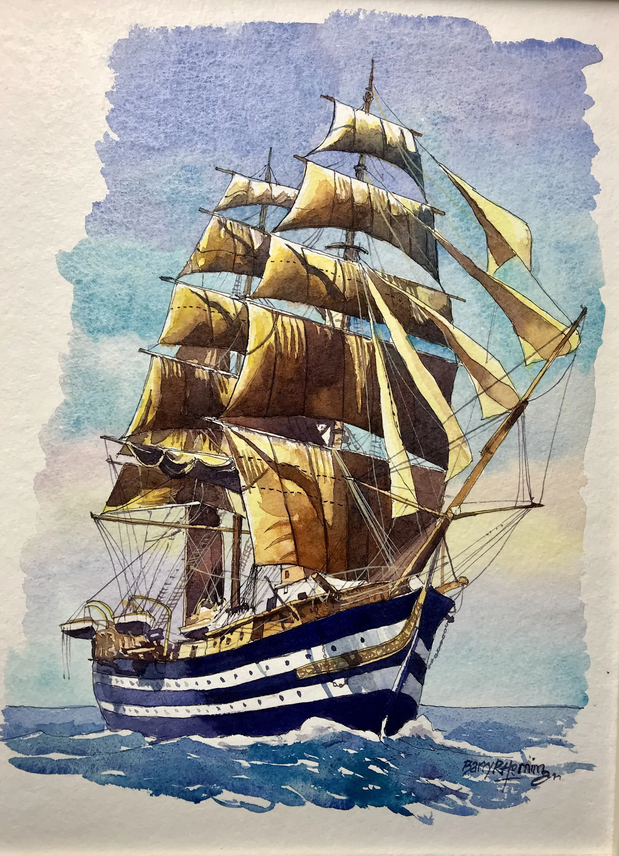  Billowing Golden Sails 
 Barry Herniman
 Watercolour on Paper Mounted on Panel sealed with heat-setting wax
 Canvas Size: 39cm x 29cm 
 Framed Size: 49cm x 39cm x 3cm
 £550