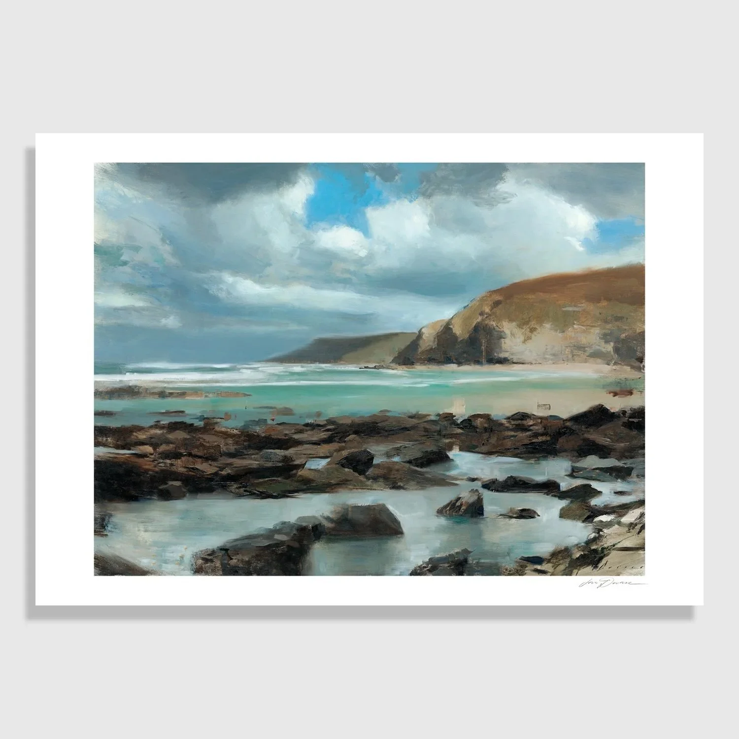  Strong Winds at Porthtowan  
 Fine art print on museum quality cotton paper.
 Each print is hand-signed and titled by the artist.
  Image Size: 26cm x 34.5cm &nbsp; Framed size Size: 43cm x 51 cm