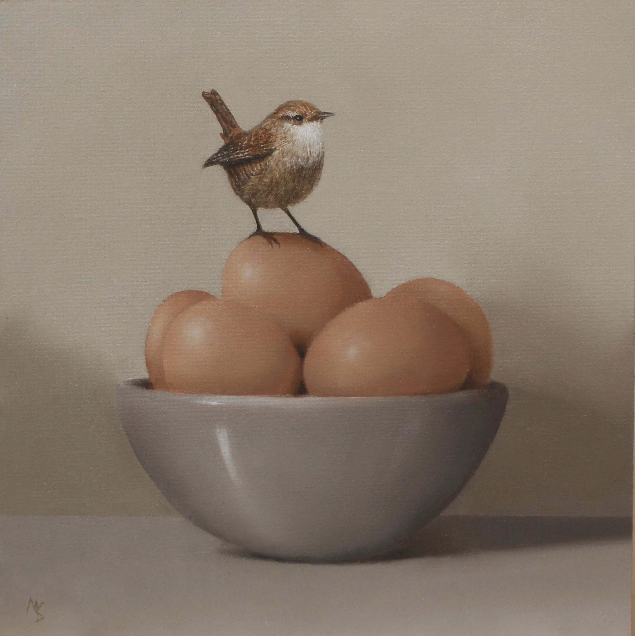  The Envious Wren &nbsp;&nbsp;(Sold)
 Oil on canvas board in black frame
 Painting Size: 25cm x 25cm
 Framed Size: 37cm x 37cm