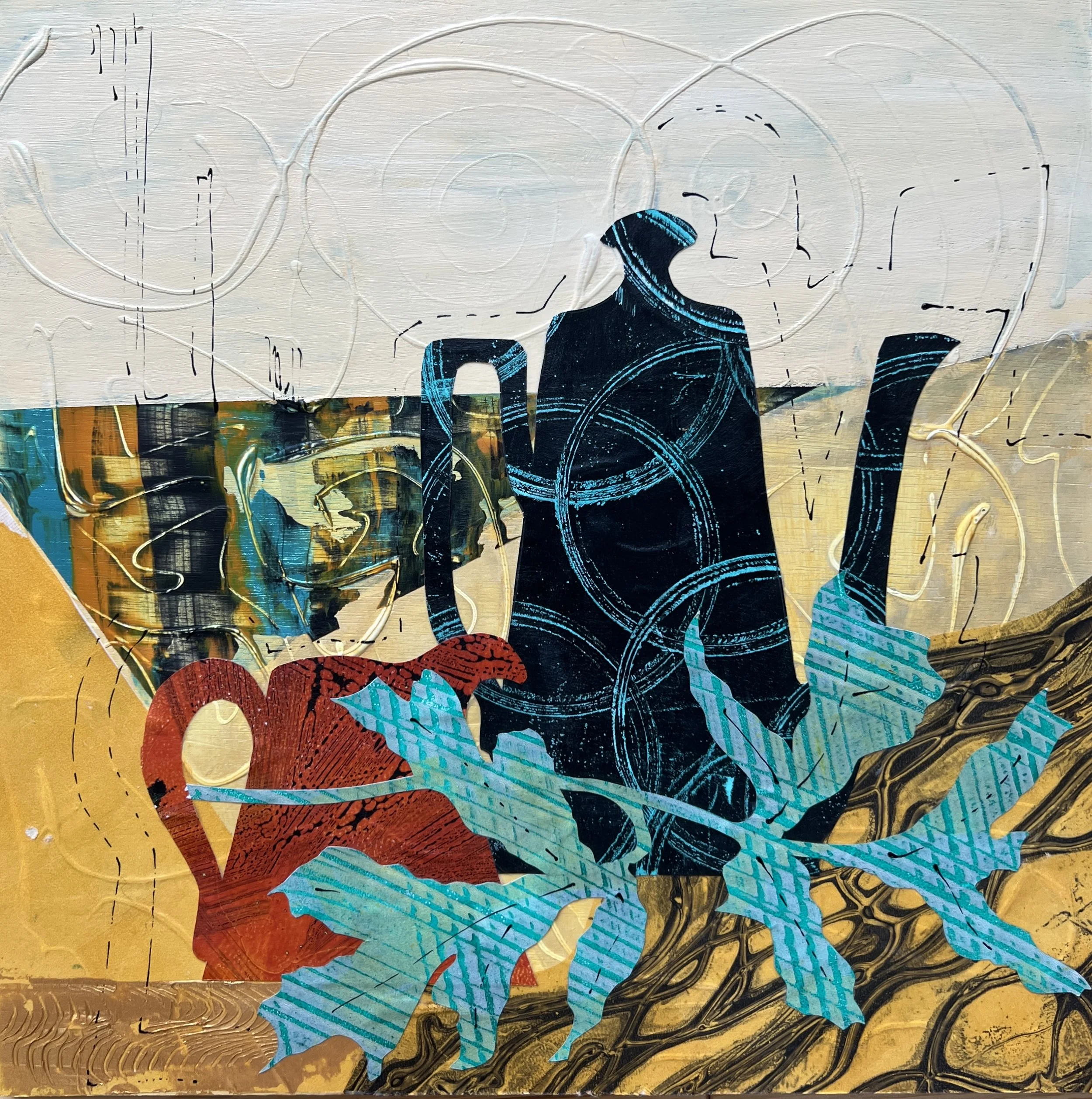  Picnic on the Beach  Acrylics, texture pastes, ink, graphite, hand printed papers, collage,  on board in white frame.
 Framed Size: 30cm x 30cm