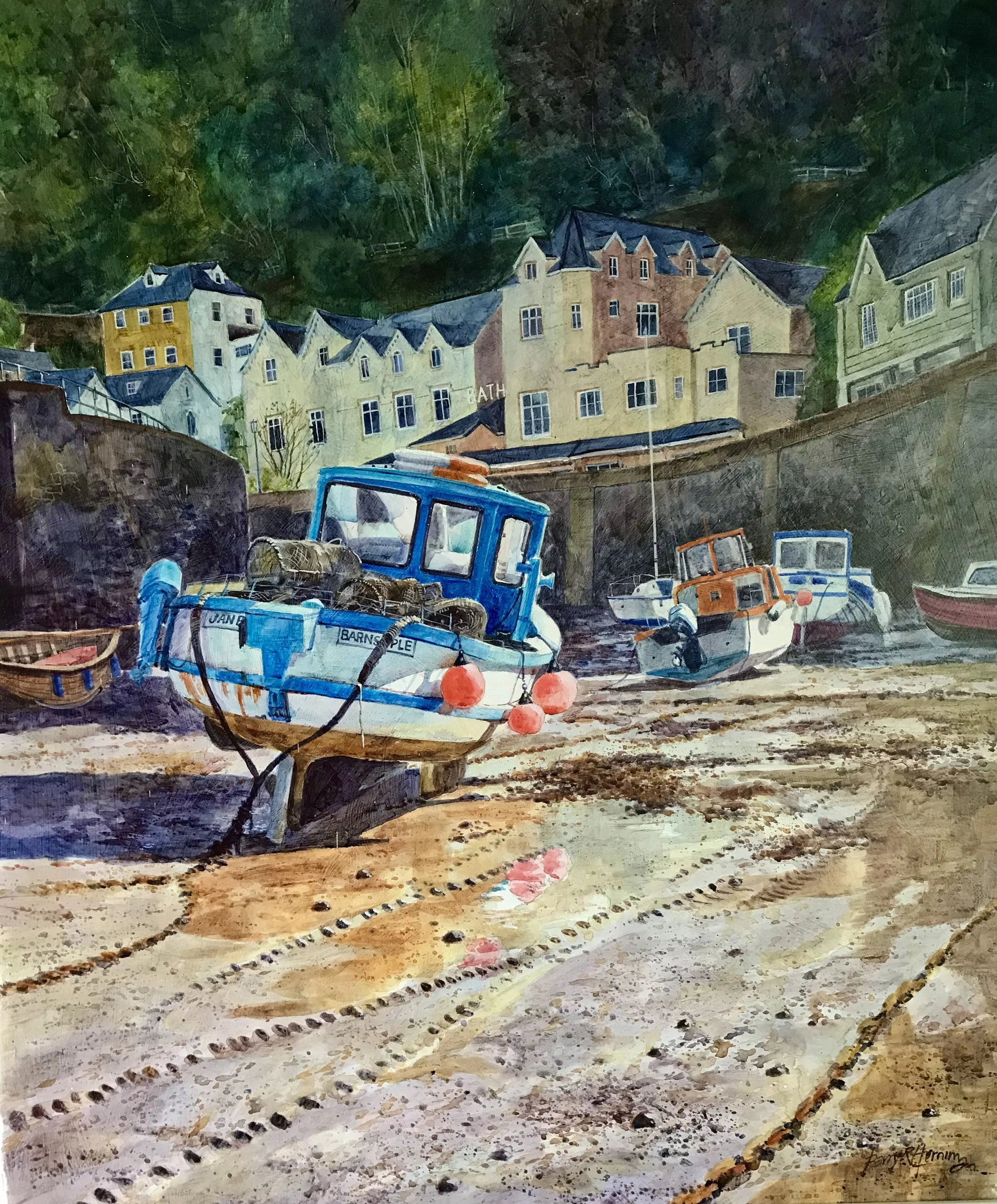  Waiting for the Tide: Lynmouth 
 Barry Herniman
 Watercolour on Paper Mounted on Panel sealed with heat-setting wax
 Canvas Size: 70cm x 60cm 
 Framed Size: 84cm x 74cm x 3cm
 £2,000