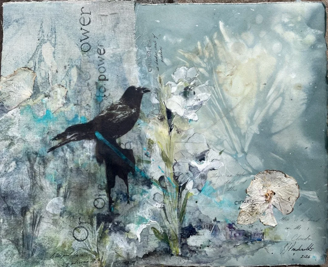   Blueprint for a Symbiocene #2
If men had wings and bore black
feathers few would be ever clever
enough to be crows....  
   MIXED MEDIA PRIZE WINNER  £1,600
 Dr Jasmine Pradissitto
 Plant print, fabric, watercolour, ink, orchid flower, tissue, wax 
