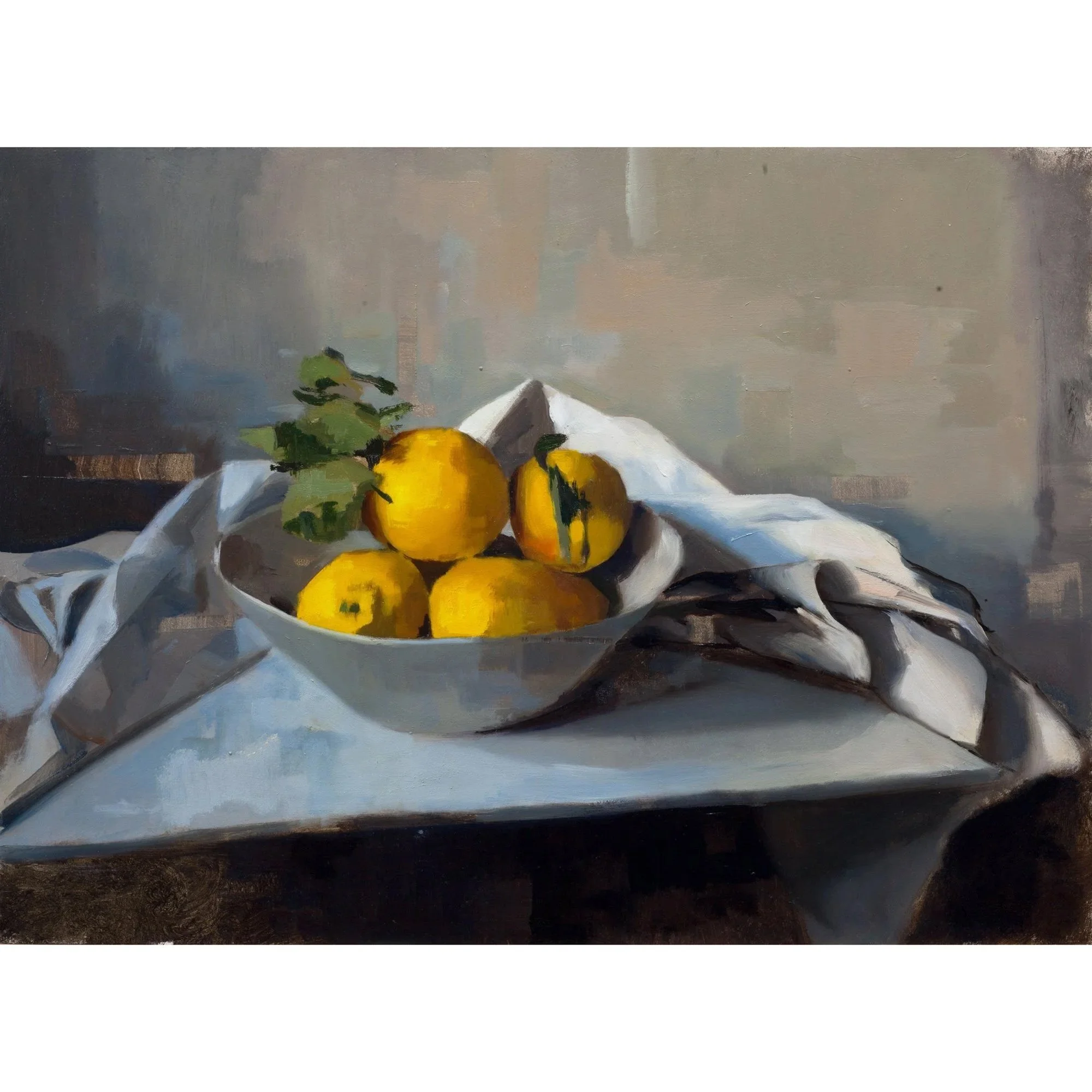  Lemons and Linen in Evening Light  Fine art print on museum quality cotton paper.
 Each print is hand-signed and titled by the artist.
  Image Size: 25cm x 35cm &nbsp; Framed size Size: 42.5cm x 51.5 cm
