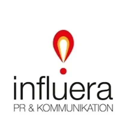 Logo Influera röd ikon med text 'PR & Kommunikation' 
