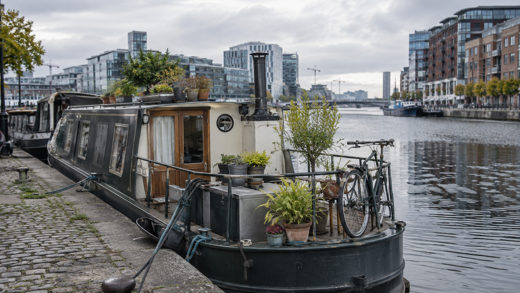 AI-generated houseboat moored in Dublin Docklands with bicycle and plants on deck
