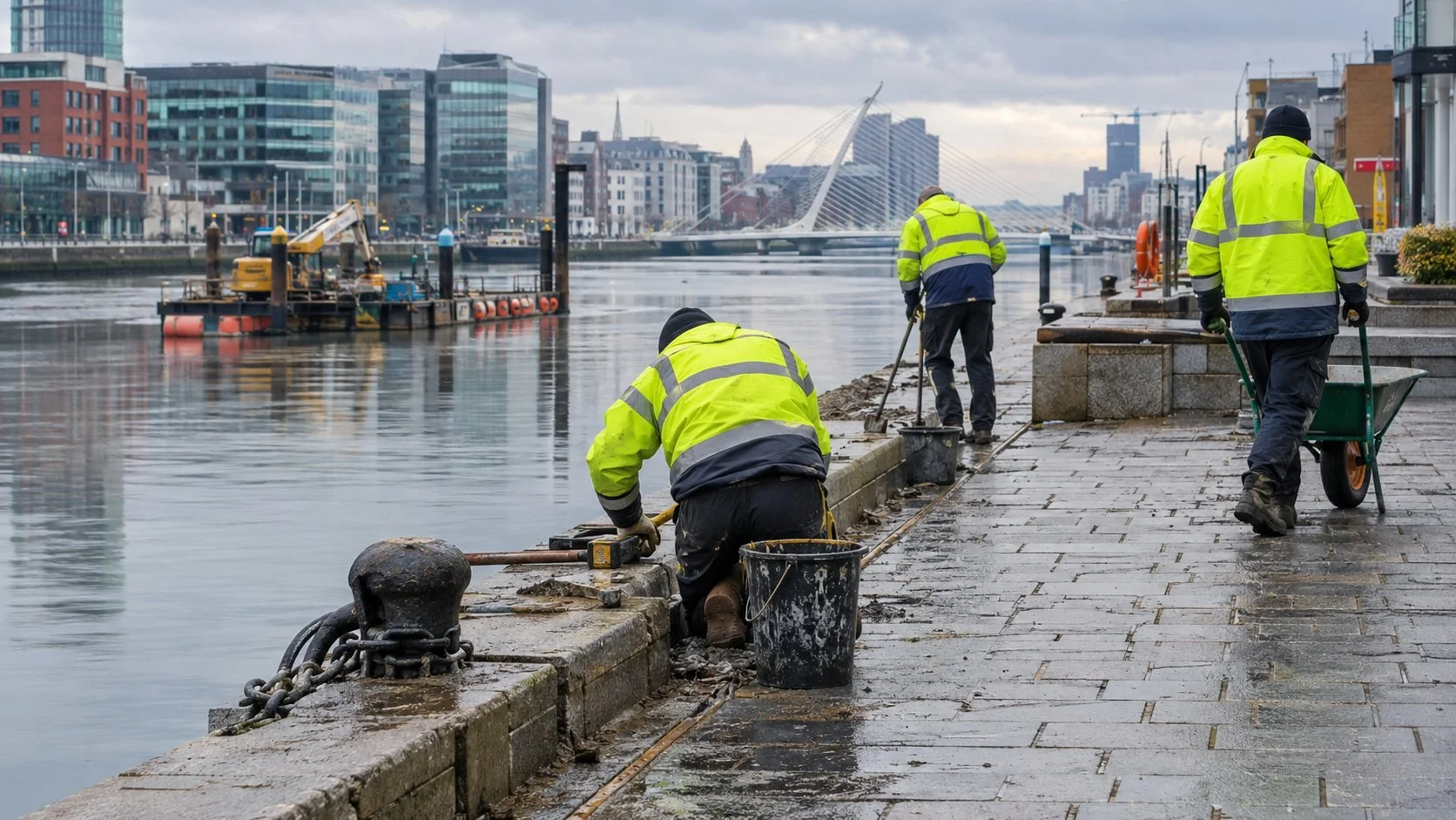 AI-generated illustrative scene of maintenance work along a Dublin quay