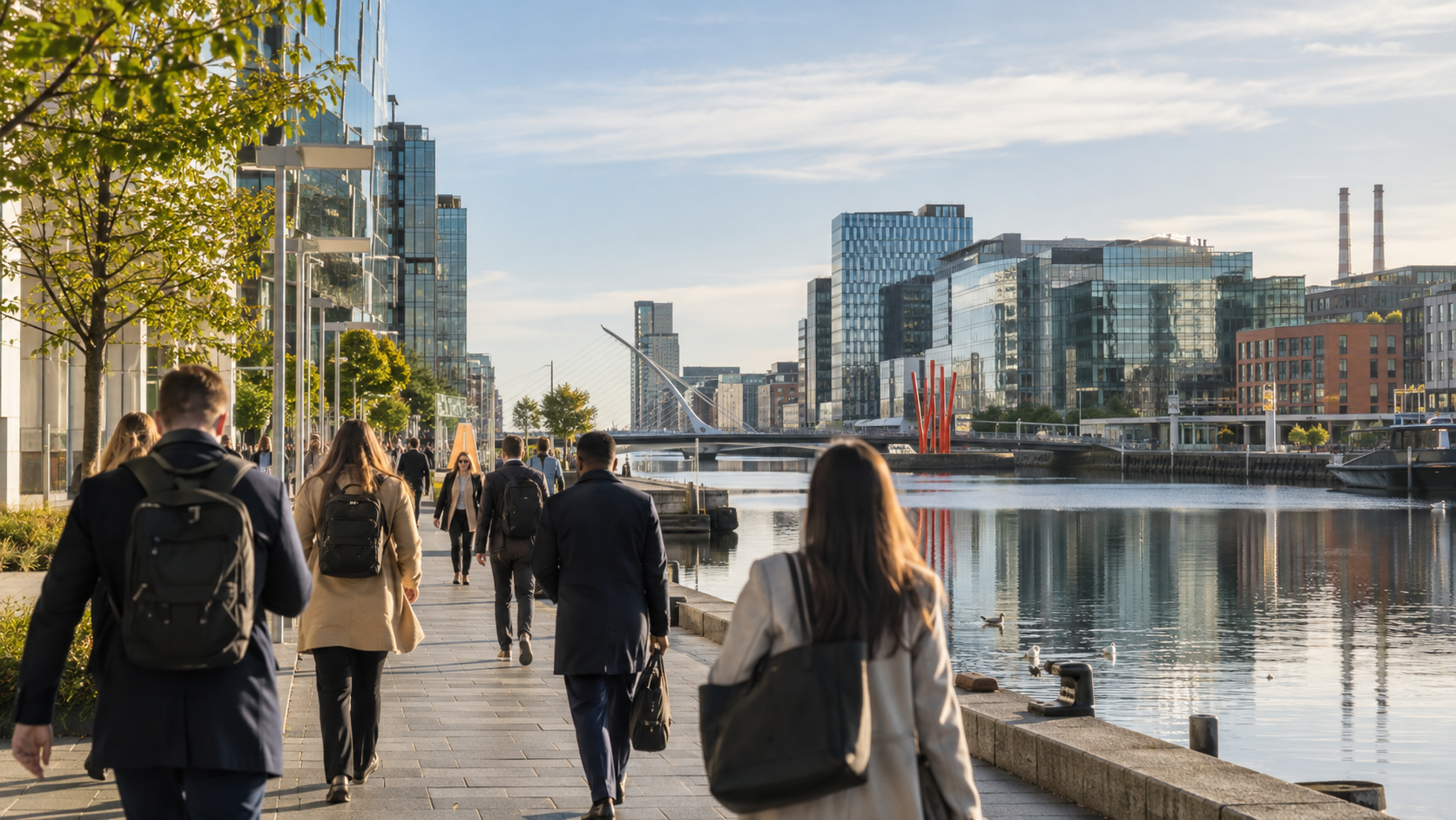 AI-generated scene of workers walking beside the offices and water in Dublin Docklands