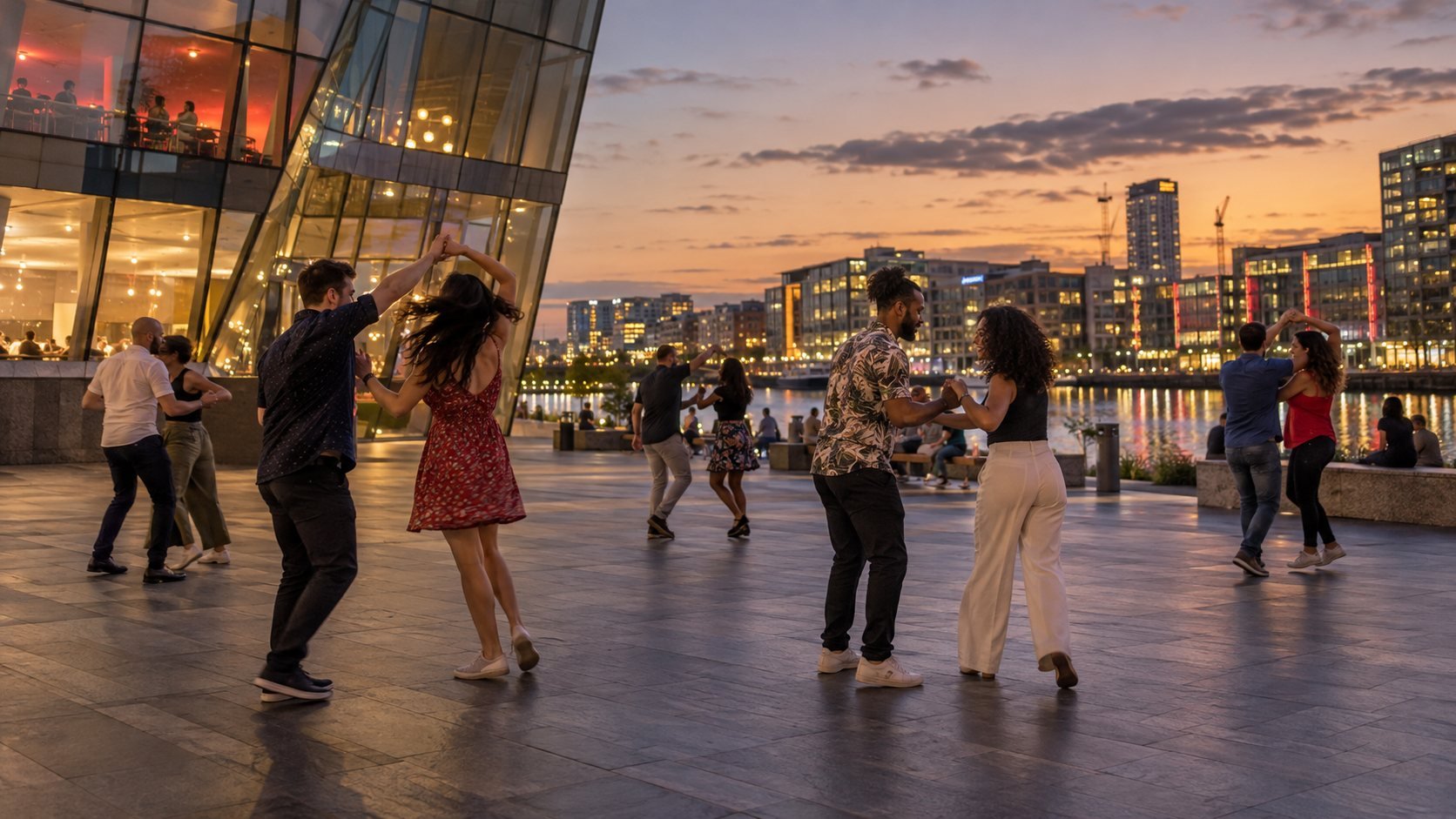 AI-generated illustrative scene of people dancing in Grand Canal Square at dusk