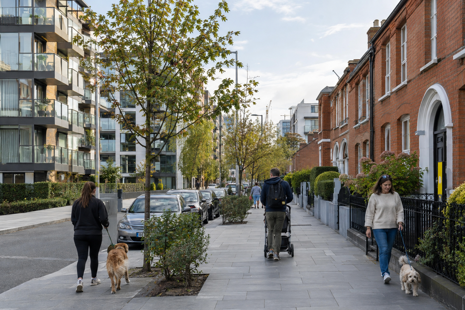 AI-generated residential street with apartments and brick houses in Dublin Docklands