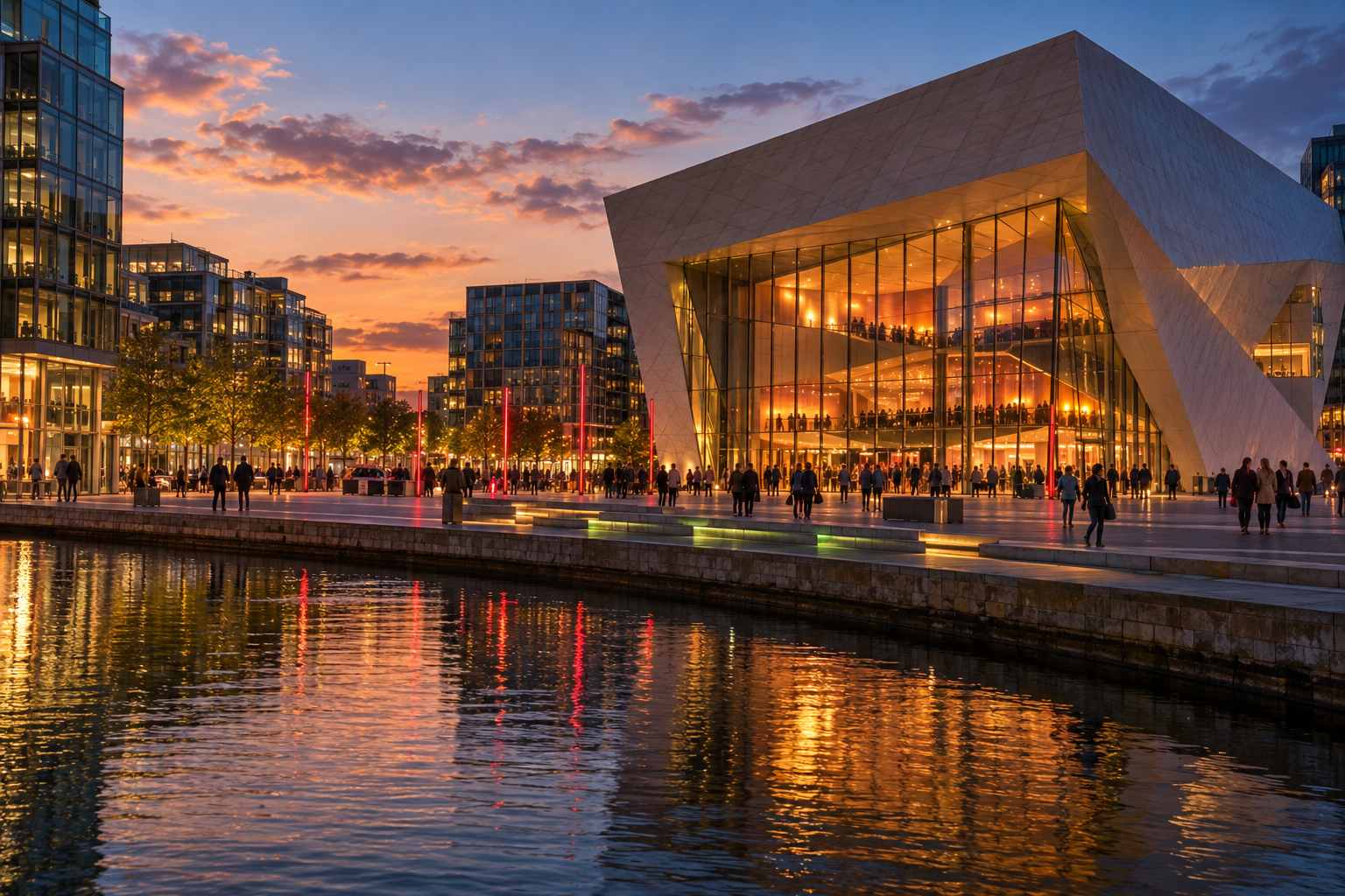 AI-generated view of Grand Canal Square and theatre at dusk