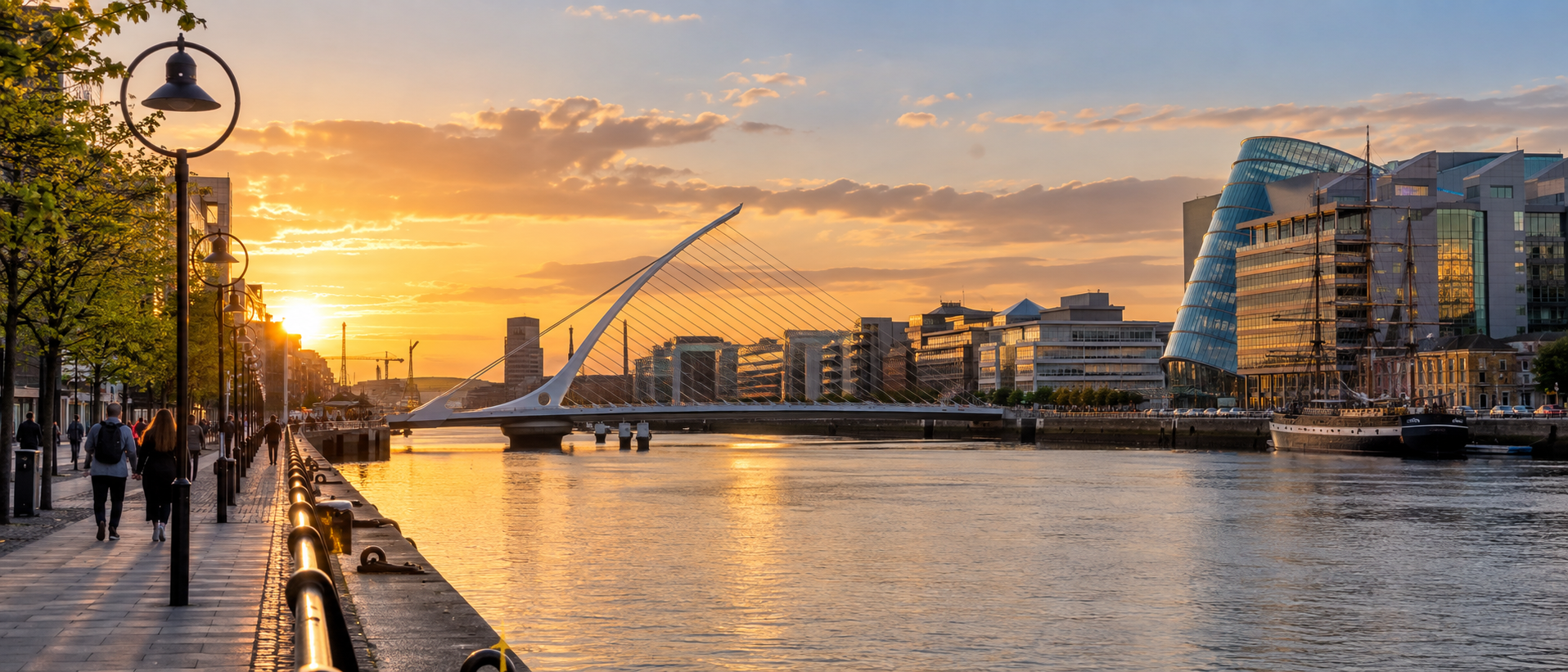 AI-generated view of Dublin Docklands and the Samuel Beckett Bridge at sunset