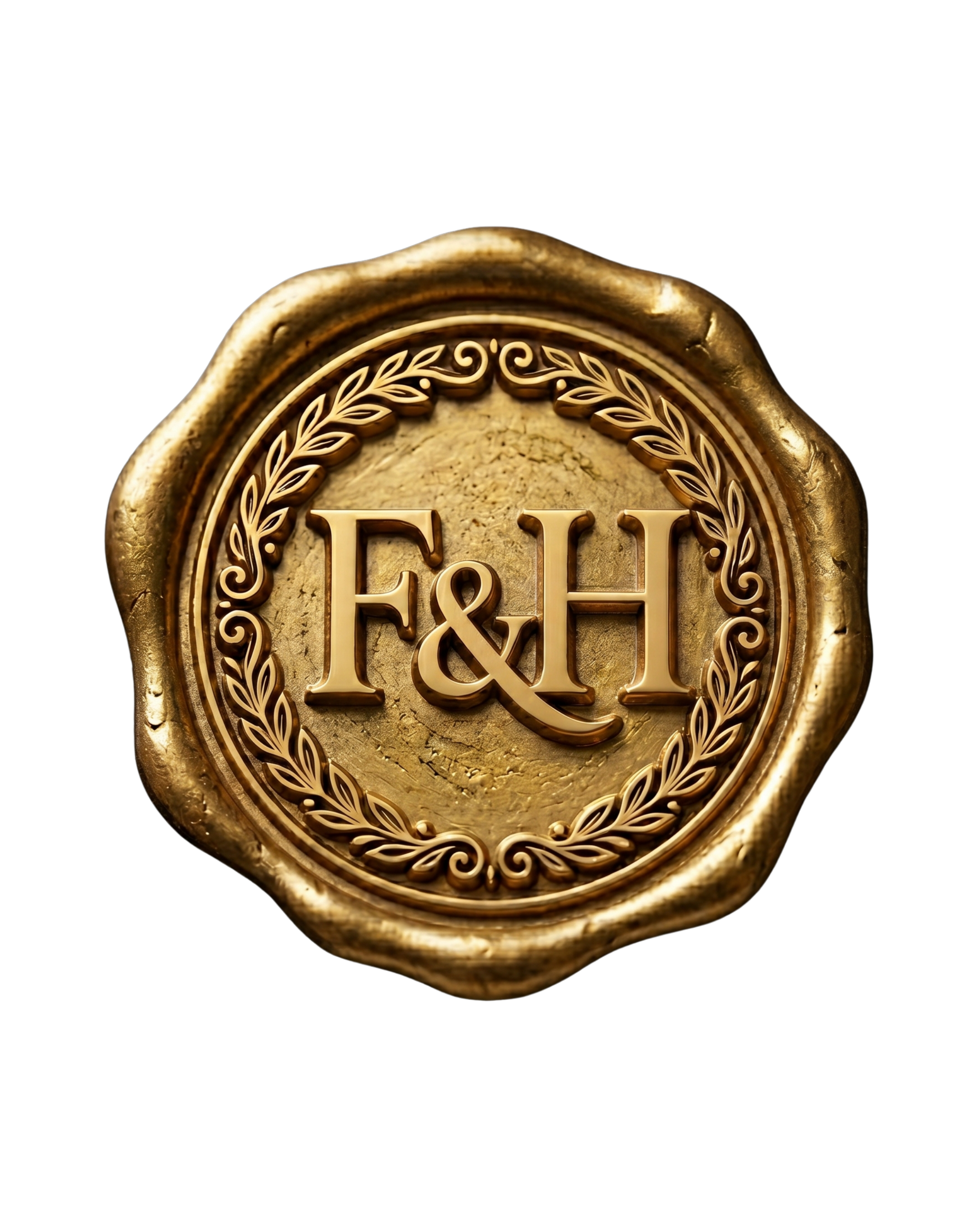 Close-up of a gold sign with ornate detailing and the words 'E & H' in the center on a black background.