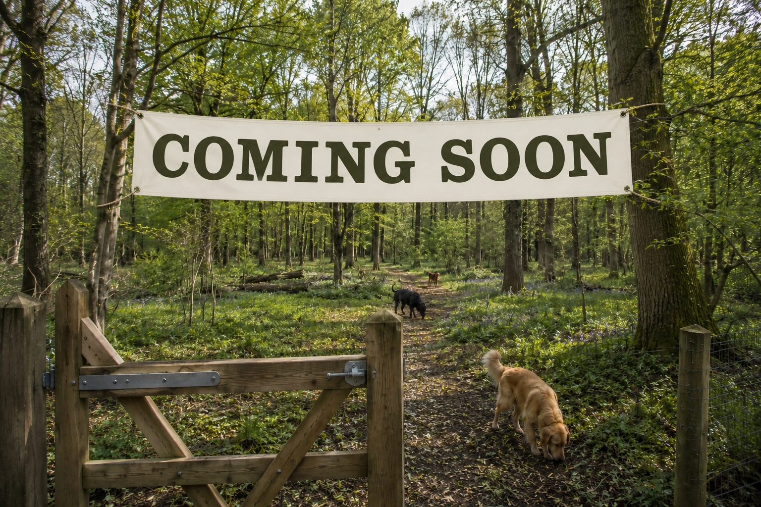 A park with a sign saying 'Coming Soon' hanging between trees, with dogs walking along a dirt trail surrounded by greenery and trees.