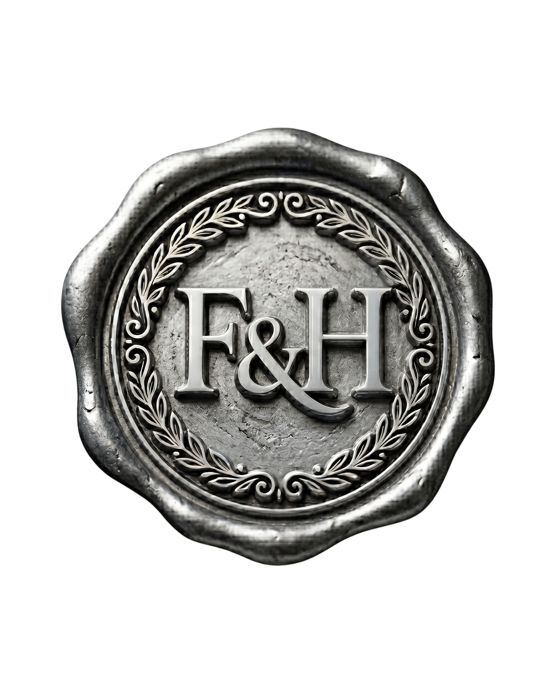 Close-up of a silver ring with engraved initials 'L & H' surrounded by decorative leaf patterns and scrollwork, set against a black background.
