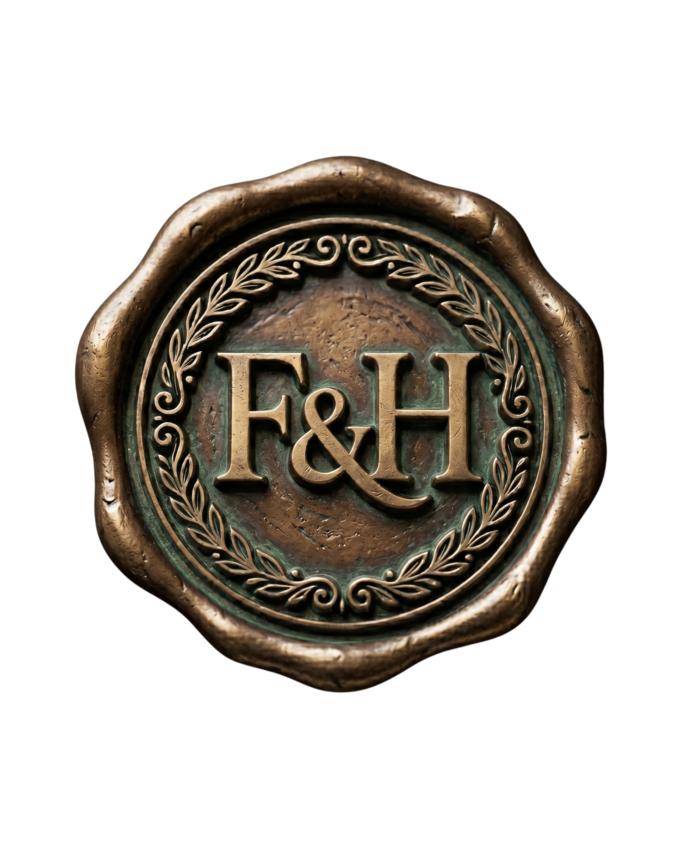 Close-up of a metallic emblem or badge with the letters 'F&F' surrounded by a decorative laurel wreath on a black background.