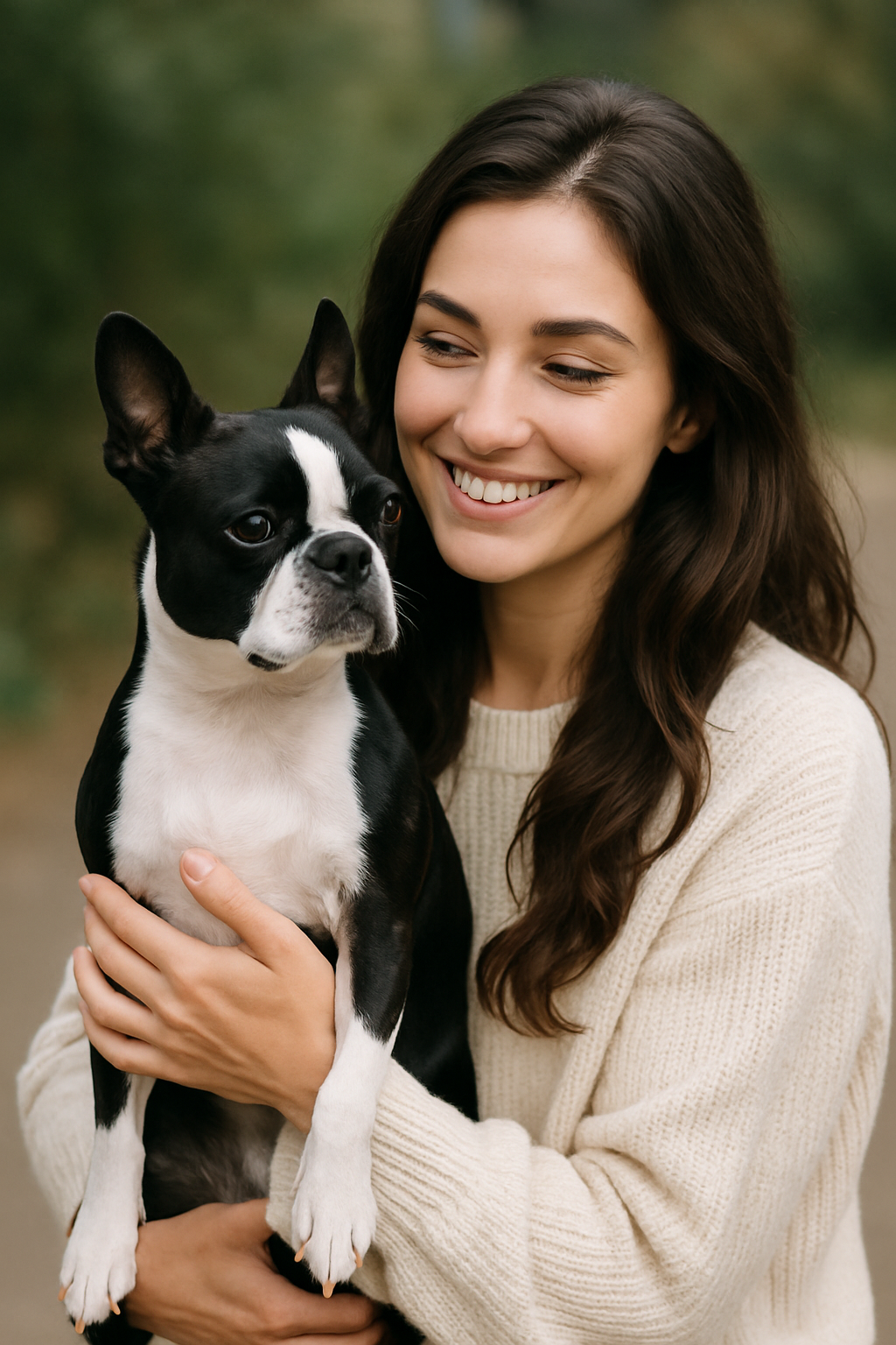 A young woman with long brown hair holding a black and white Boston Terrier dog outdoors.