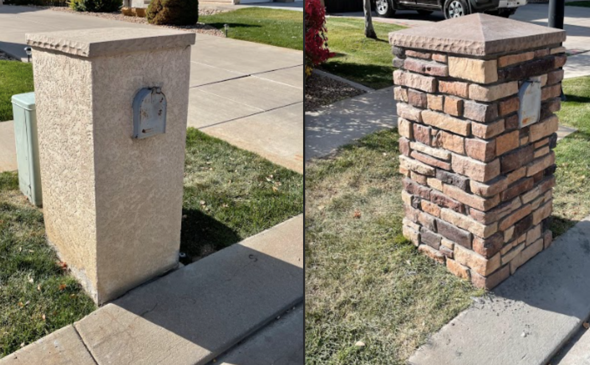Comparison of two sidewalk pillars, the left one made of stucco with a mailbox attached, and the right one made of red bricks with a mailbox attached.