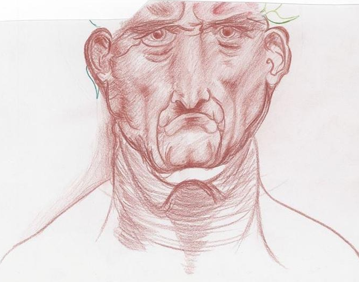 A pencil sketch of a man's face with exaggerated features, including a large, furrowed brow, deeply set eyes, a prominent nose, and a downturned mouth, with minimal detail in the background.