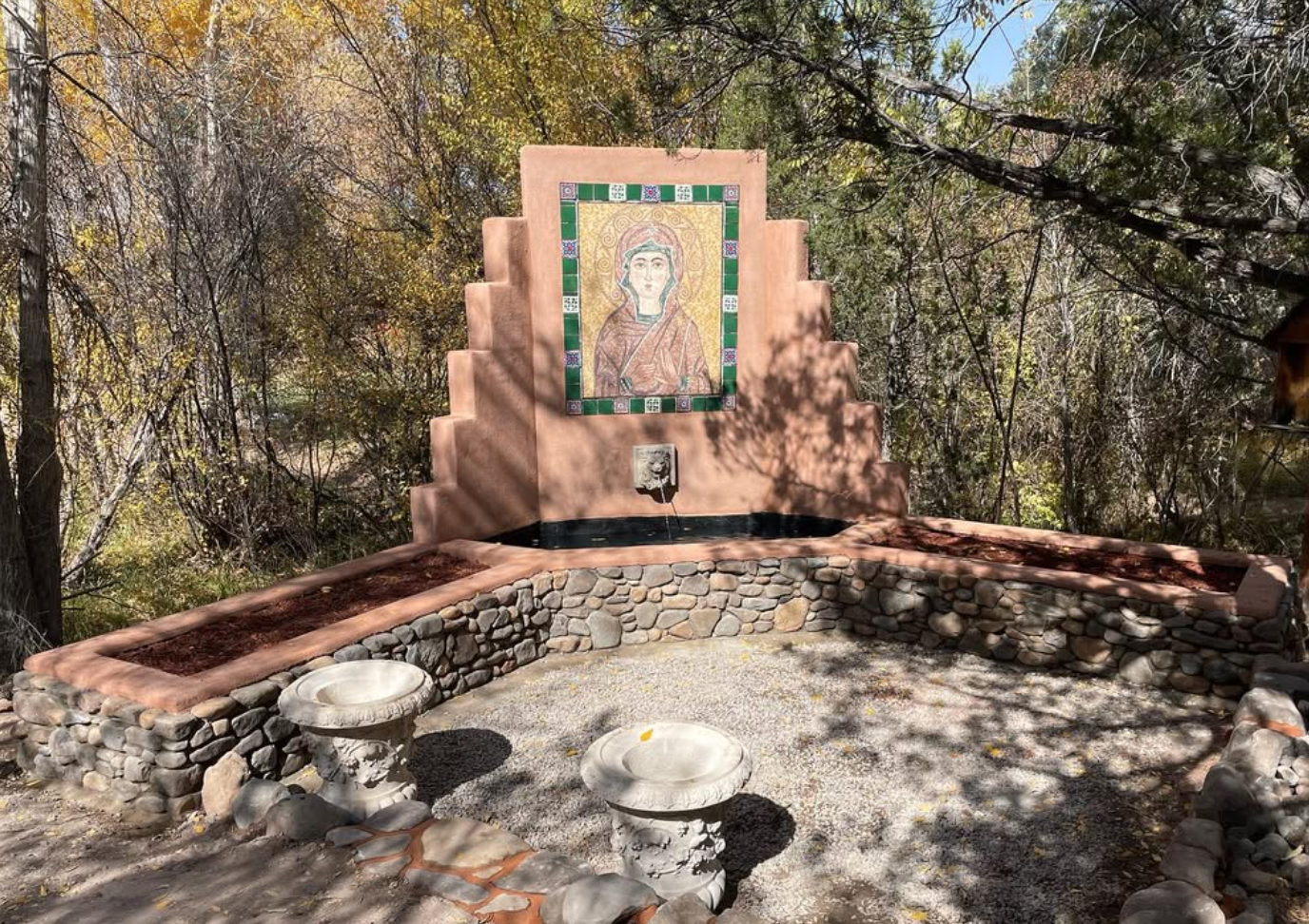 Spring-fed baptismal fountain/pond for Eastern Orthodox Monastery & planting beds