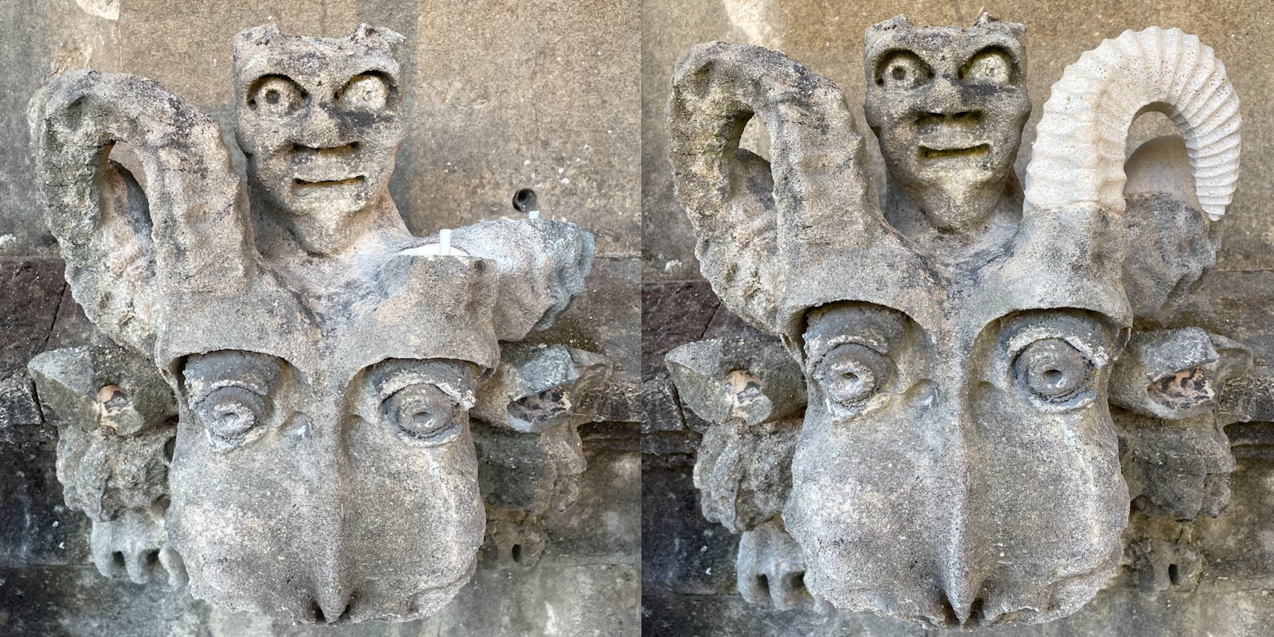 A stone sculpture resembling a creature with a human face and multiple spiral designs on its body, holding a shell in one hand.