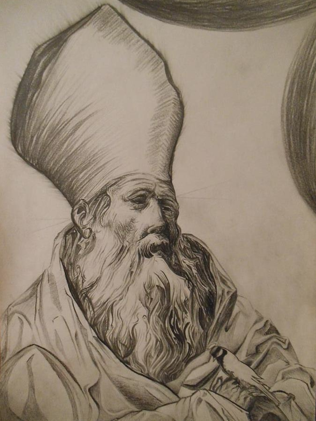 A detailed black and white portrait sketch of a bearded man with a tall, cylindrical hat resembling a turban, with a small bird perched on the man's hand.