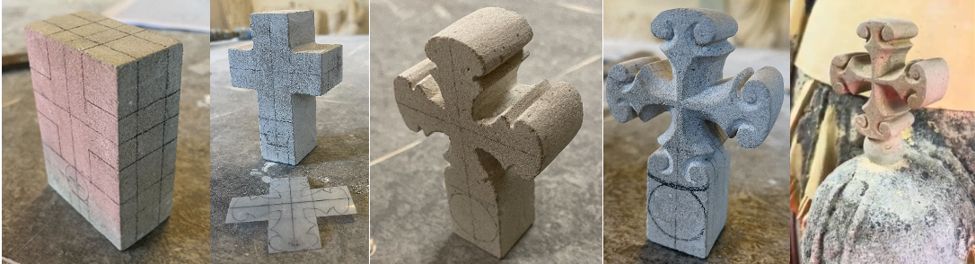 Various stone cross sculptures with different designs and carvings.
