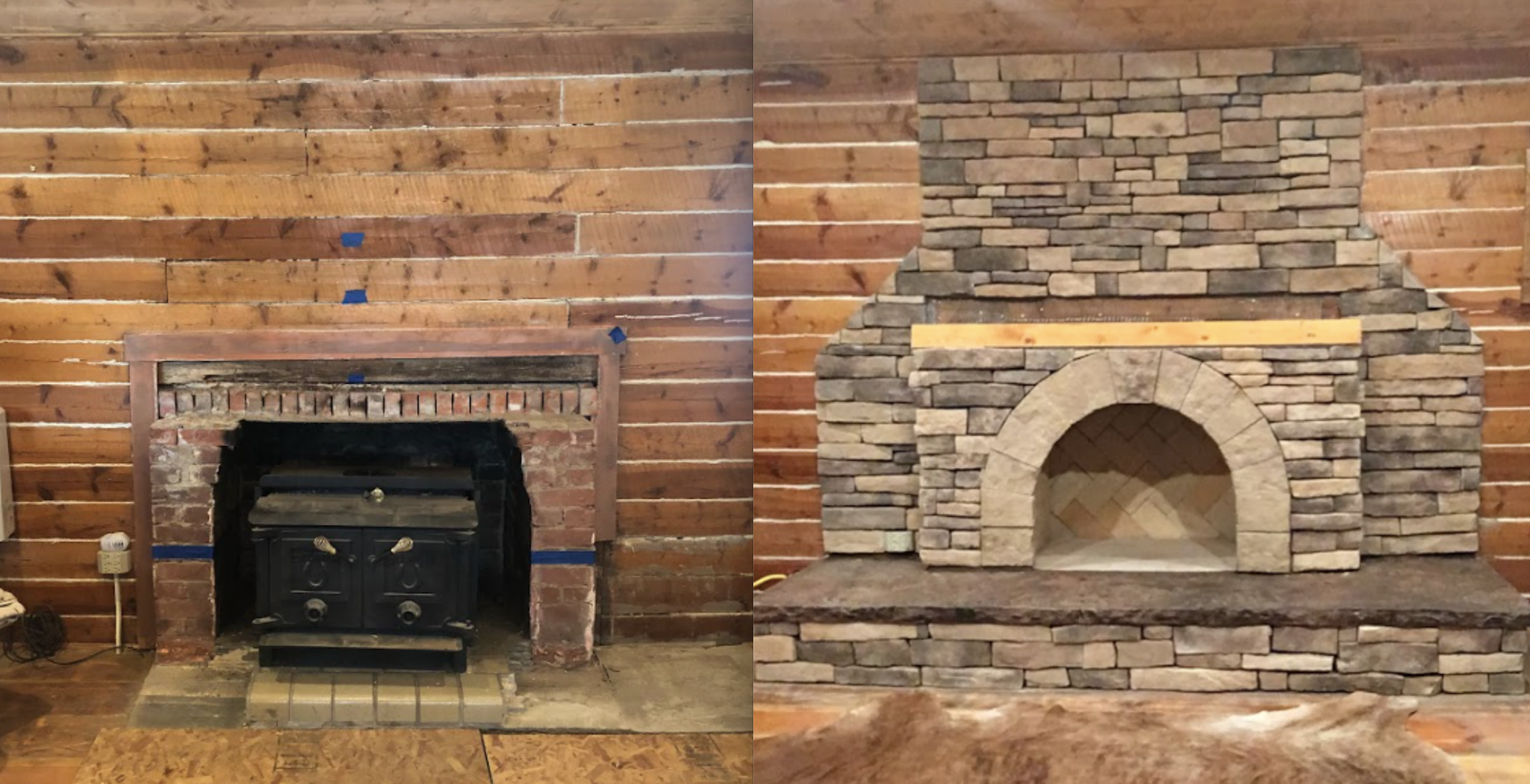 Comparison of two fireplace mantels: left side shows an old brick and wood mantel with a black stove inside, right side shows a new stone fireplace with arched opening and wooden support beam on top.