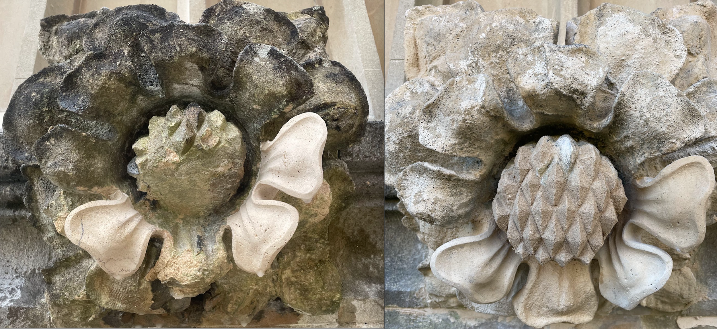 Close-up of a decorative stone relief with a central pine cone motif, surrounded by carved leaf and floral patterns, weathered and aged surface.