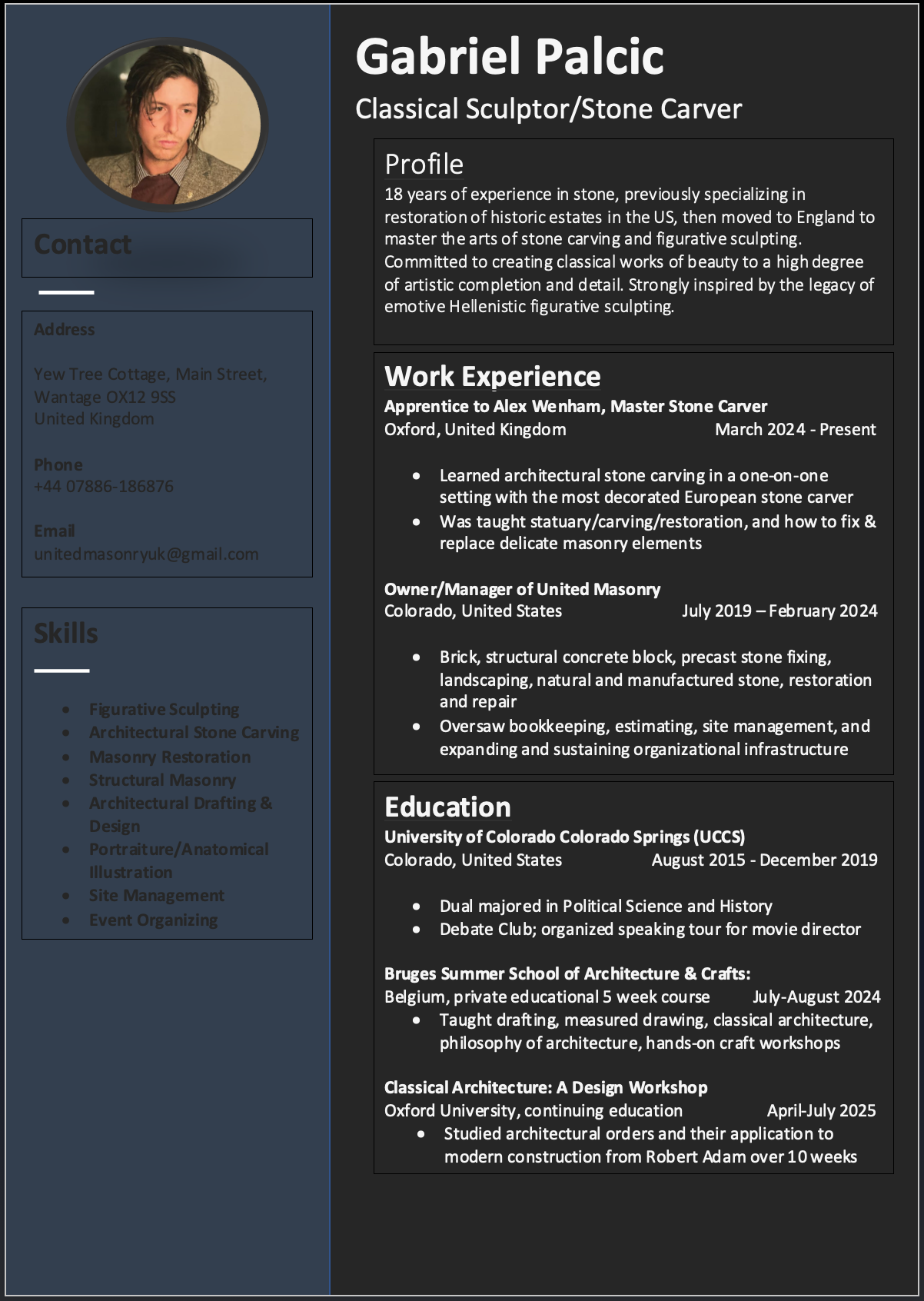 Resume of Gabriel Palcic, a classical sculptor and stone carver, featuring a photo, contact information, skills, work experience, and education details.