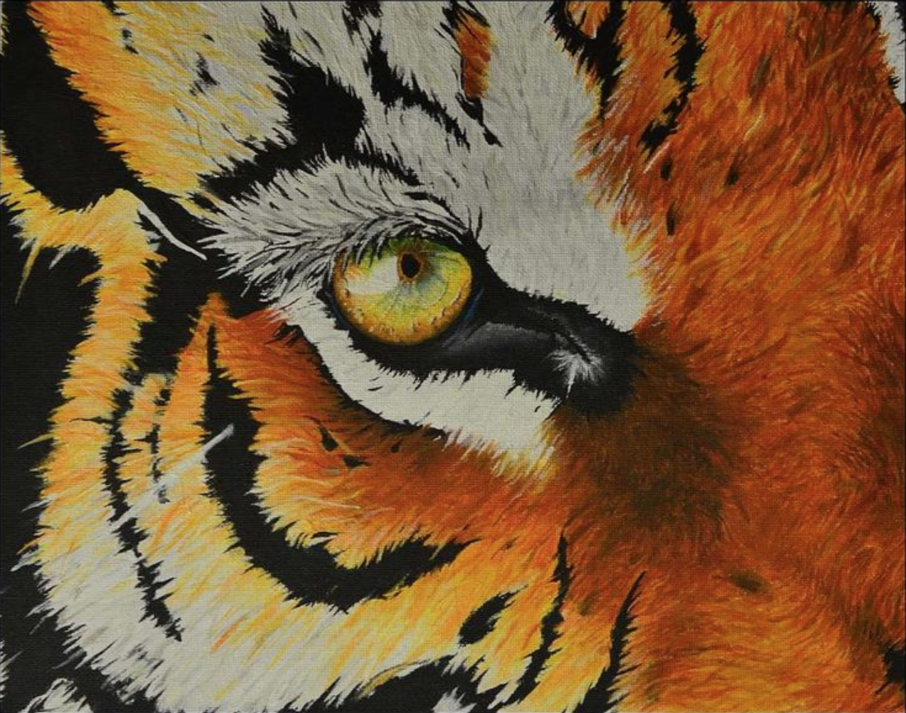 Close-up of a painting of a tiger with yellow eyes, showcasing detailed orange, black, and white fur.