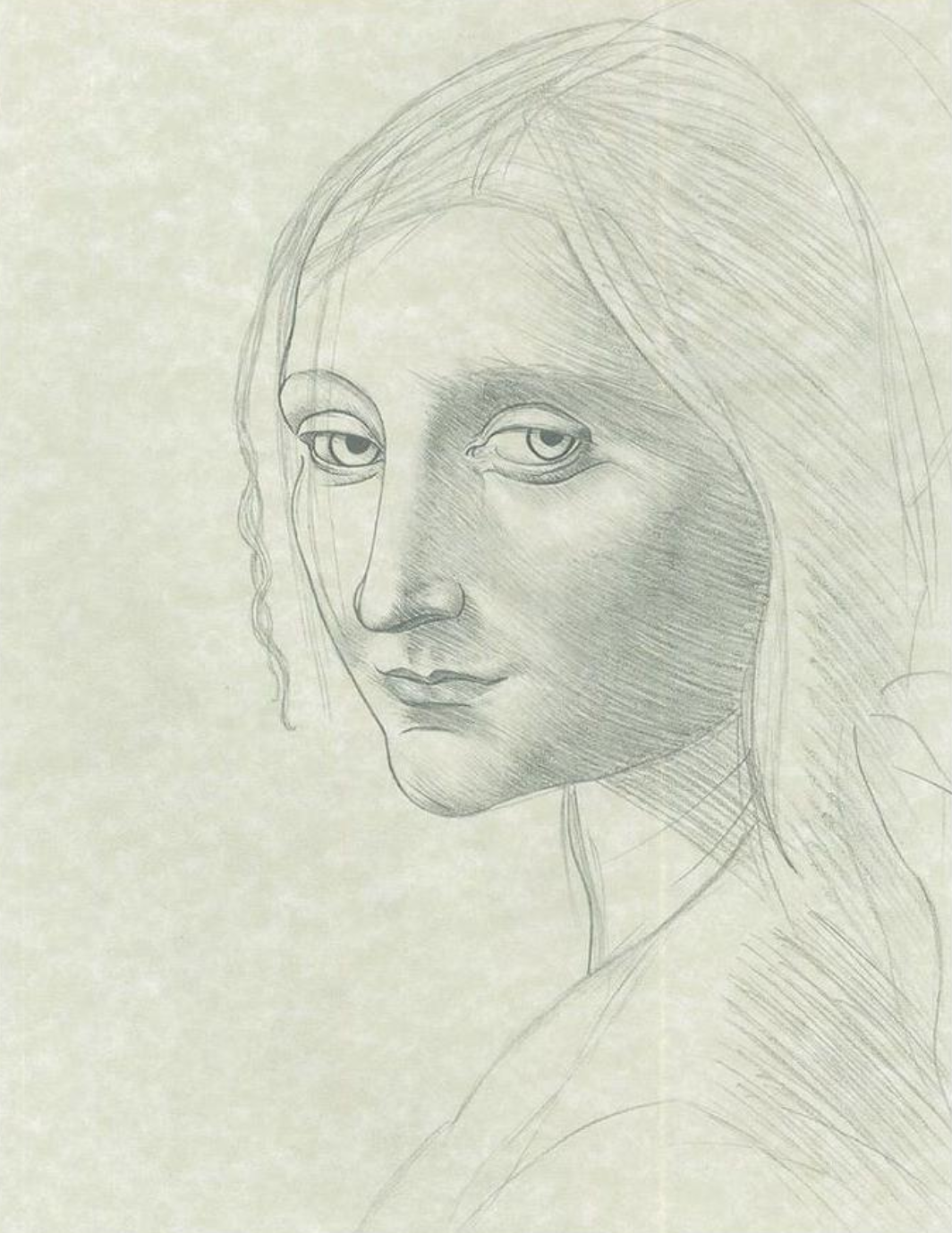 Sketch of a woman's face with detailed shading around the cheek and forehead, and lightly outlined hair.