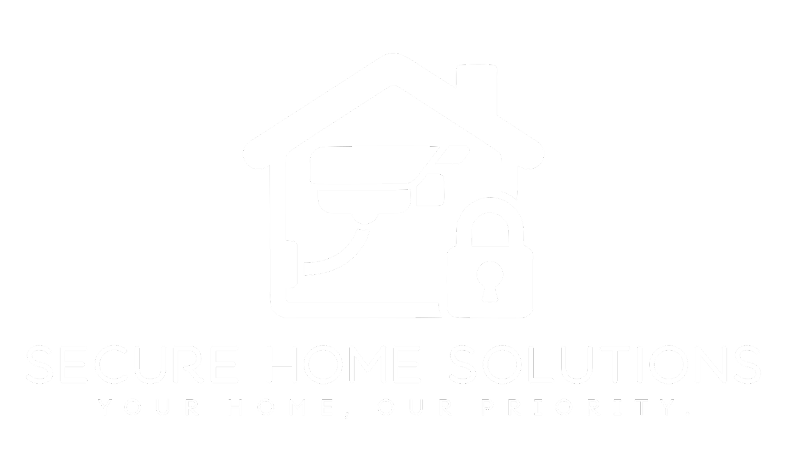 Logo for Secure Home Solutions featuring a house outline with a security camera and padlock symbols, along with the tagline 'Your home, our priority.'