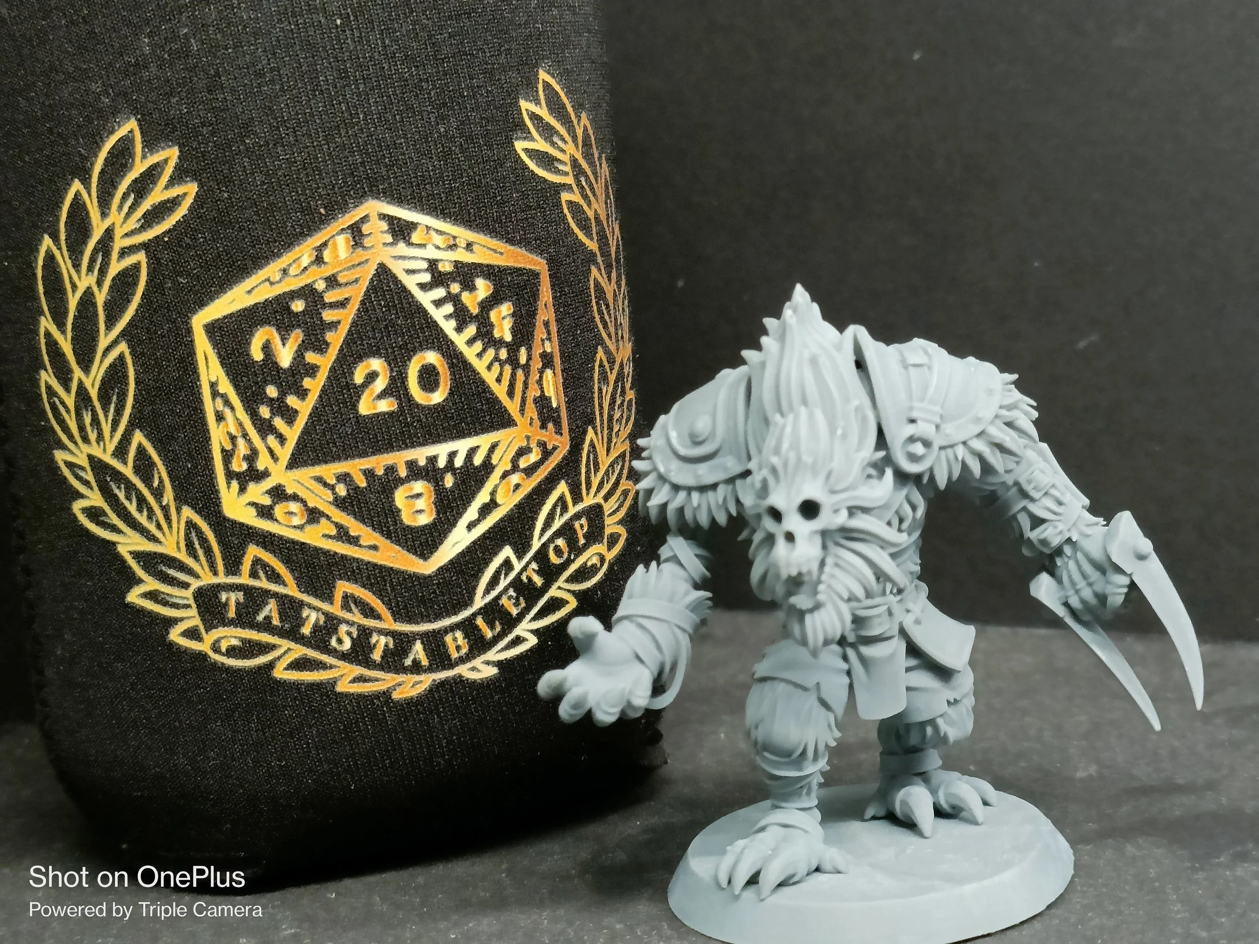 Gray miniature figurine of a fantasy creature with bird-like feet, long claws, wearing armor, and holding two blades, positioned in front of a black fabric with a gold tabletop RPG logo featuring a twenty-sided die and laurel wreaths.