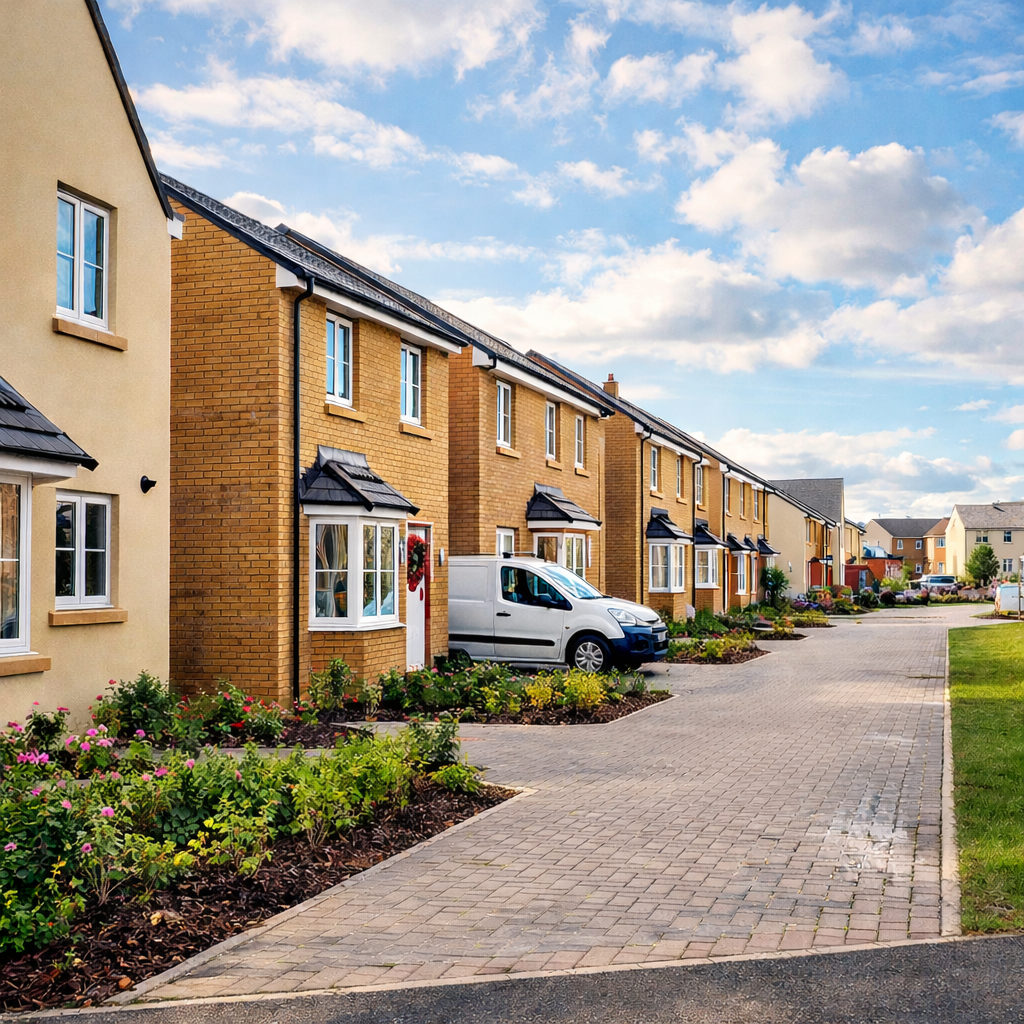External street scene on a new-build housing development in Taunton