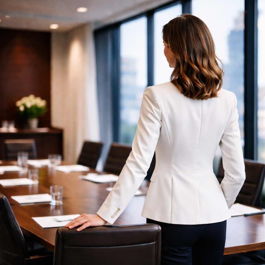 A woman with brown wavy hair in a white blazer standing in a conference room near a large wooden table, with windows showing an urban cityscape outside.
