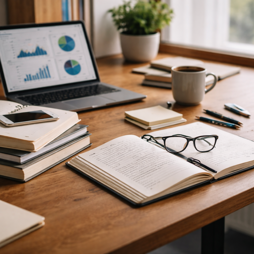 Desk with open book, glasses, pen, stacks of notebooks, laptop showing graphs, smartphone, coffee mug, potted plant, and notebooks near window.