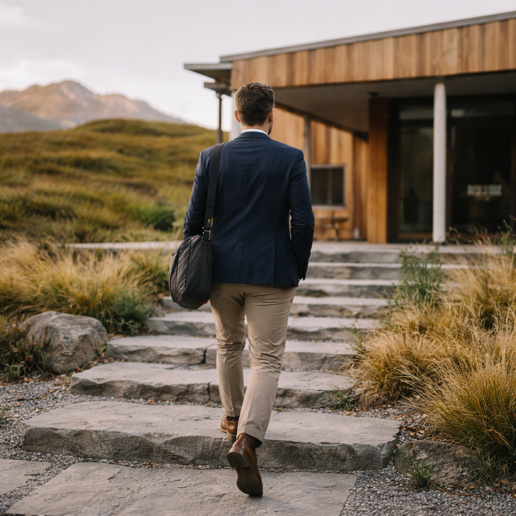 A man walking towards a modern wooden house on a stone pathway, carrying a black shoulder bag, in a mountainous landscape.