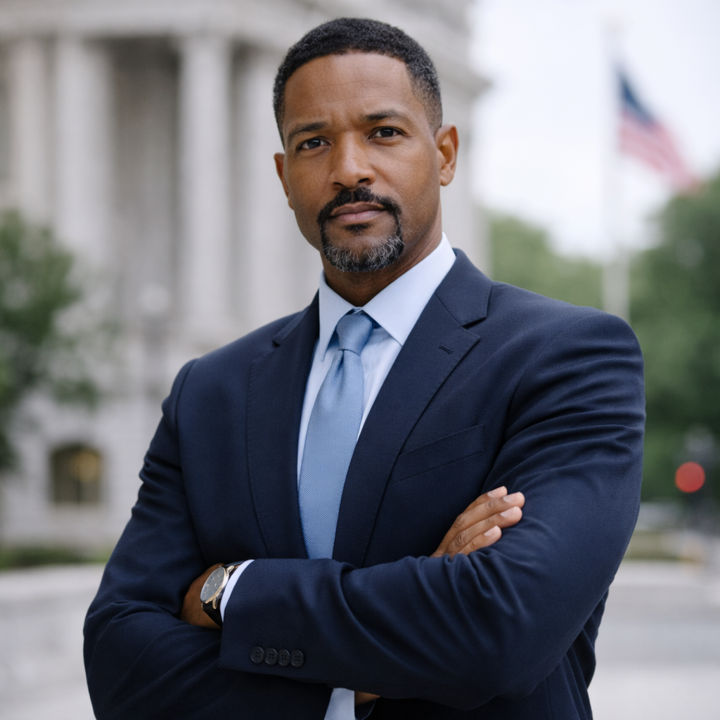 A confident African American man in a navy suit and light blue tie standing outdoors with arms crossed, in front of a government building with columns and an American flag.