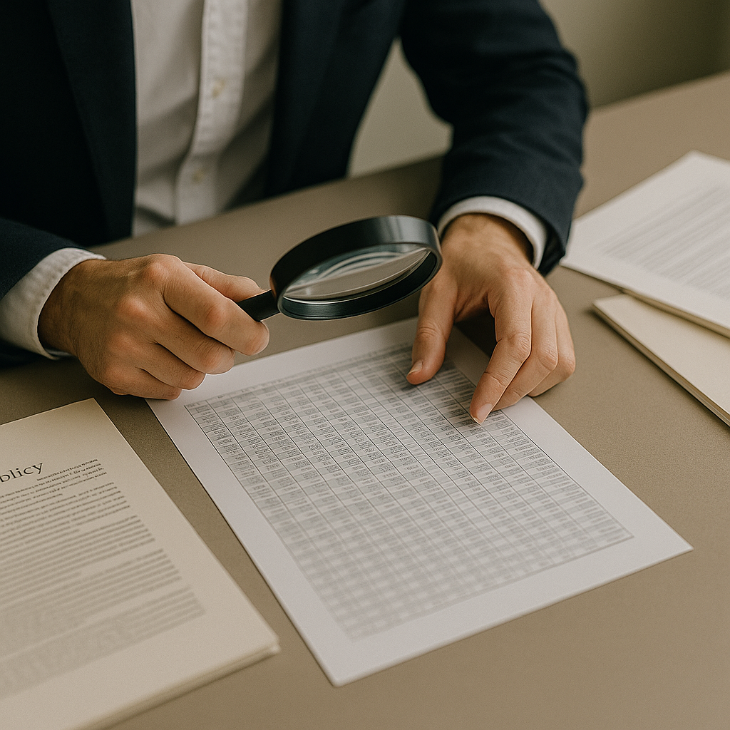 Person in a suit analyzing a document with a magnifying glass, with additional papers and documents on the desk.