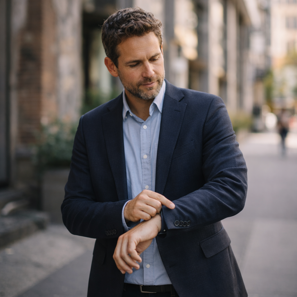 A man in a business suit looking at his watch on a city sidewalk.
