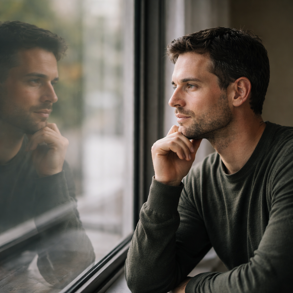 A man with dark hair and a beard looking out a window with a contemplative expression, resting his chin on his hand, with his reflection visible on the glass.