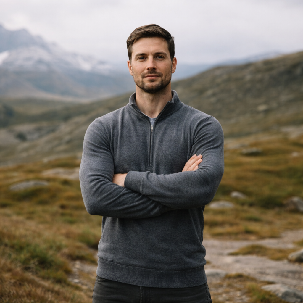 A man standing outdoors with mountains and grassy fields in the background, crossing his arms and facing the camera.