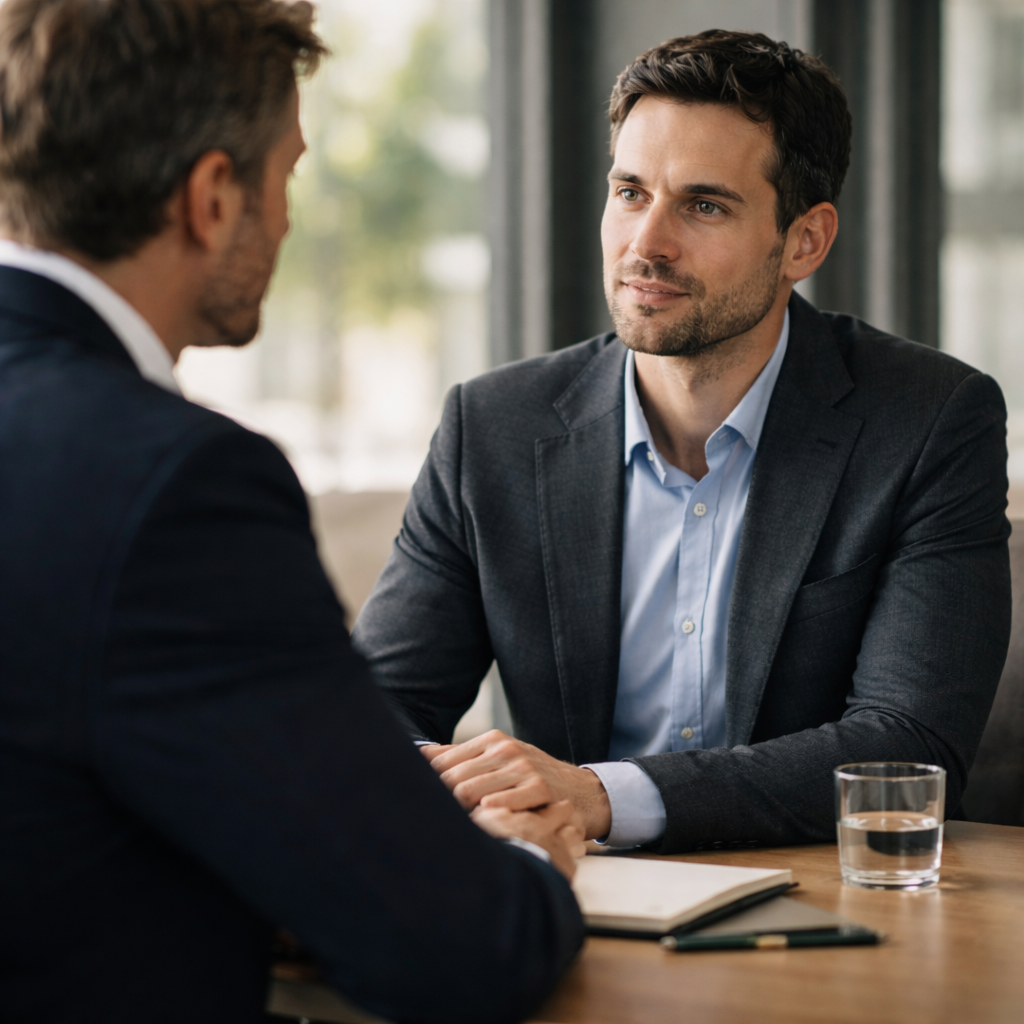 Two men in business suits having a serious conversation in an office setting, with one man sitting behind a desk and the other facing him.