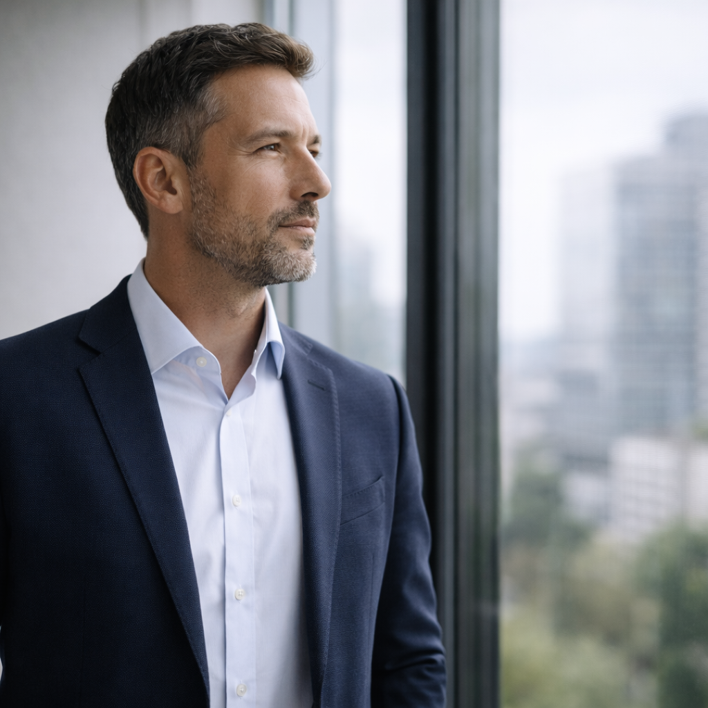 Side profile of a middle-aged man in a business suit looking out a window with a cityscape view.