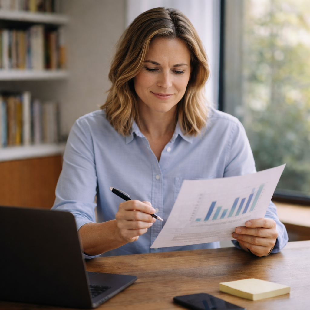 A woman sitting at a desk looking at a paper with a bar graph, holding a pen, with a laptop and sticky notes on the desk, and a bookshelf and window in the background.