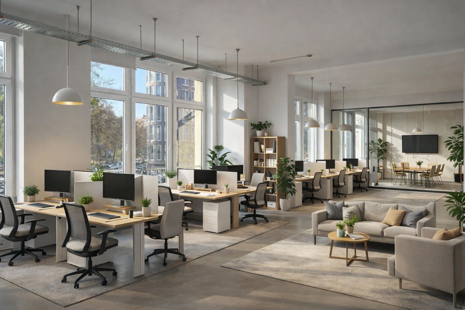 Modern open-plan office with rows of desks, computers, and chairs, adjacent to a lounge area with sofas, coffee table, and plants, and large windows letting in natural light.