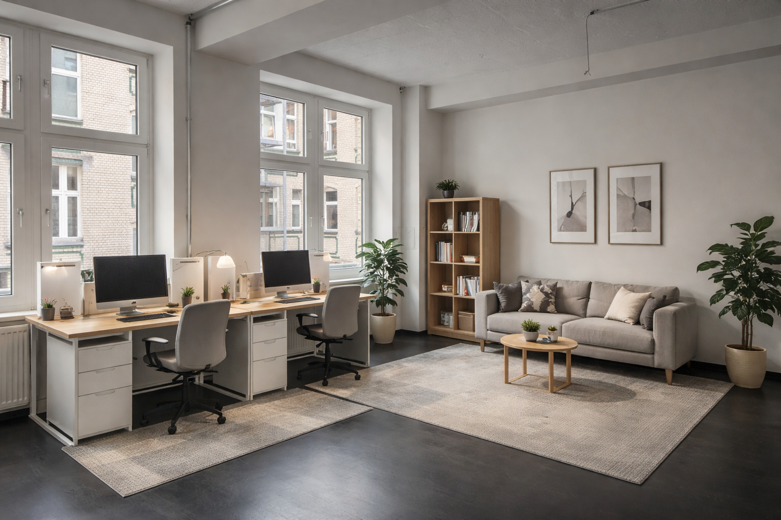 Modern apartment office space with three desks, each with a computer, two chairs, and plants. Super cozy living area with a sofa, coffee table with plants, a bookshelf, and framed artwork on the wall. Large windows letting in natural light.